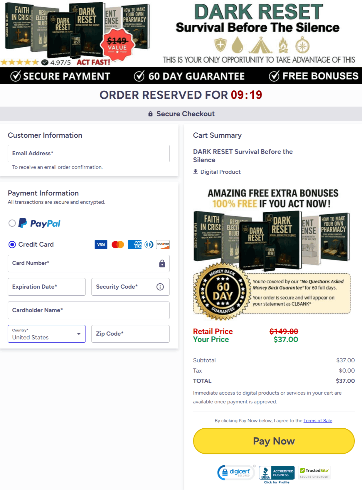 Dark Reset  checkout page